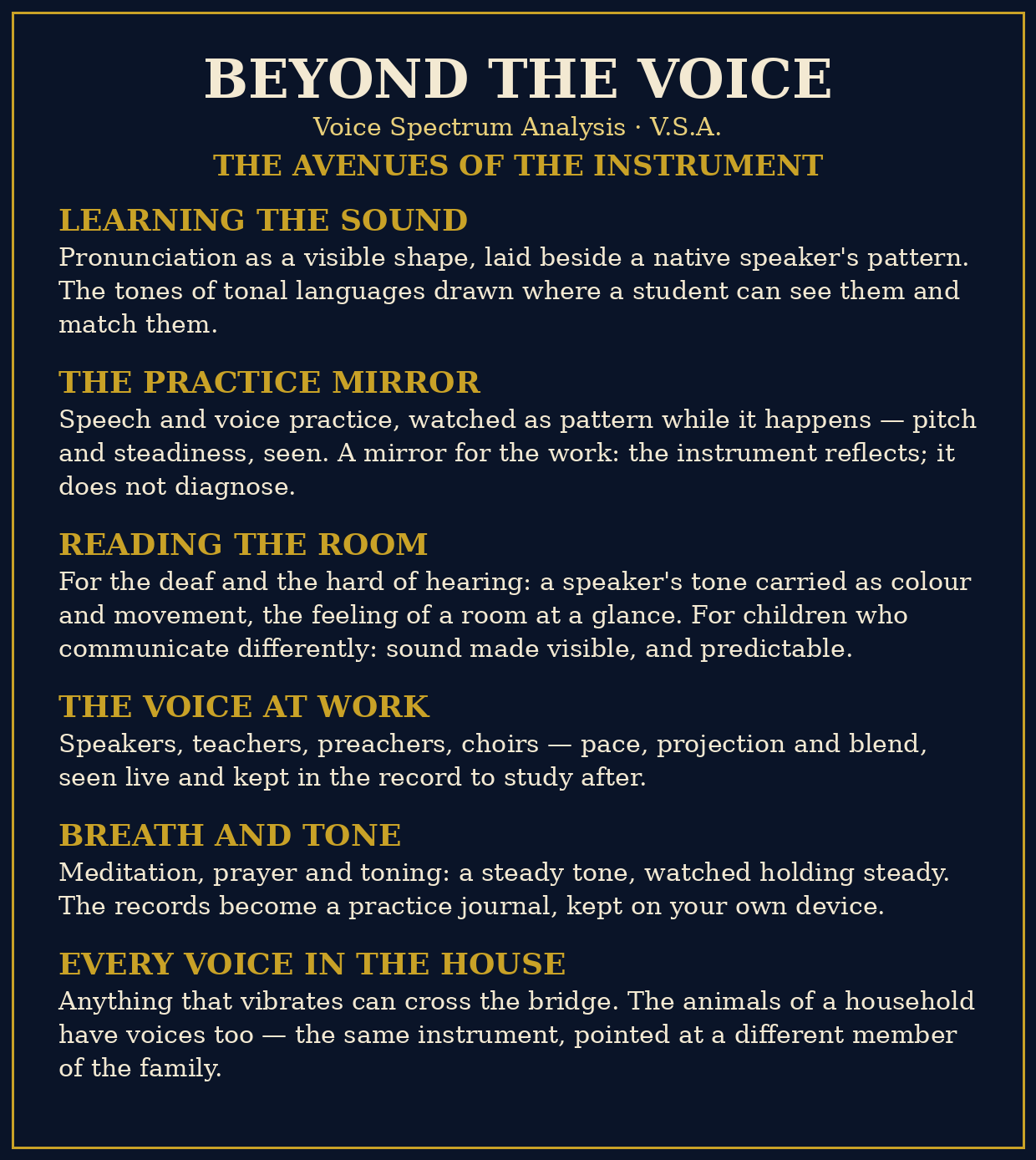 Beyond the Voice — the avenues of the instrument: learning the sound, the practice mirror, reading the room, the voice at work, breath and tone, and every voice in the house.