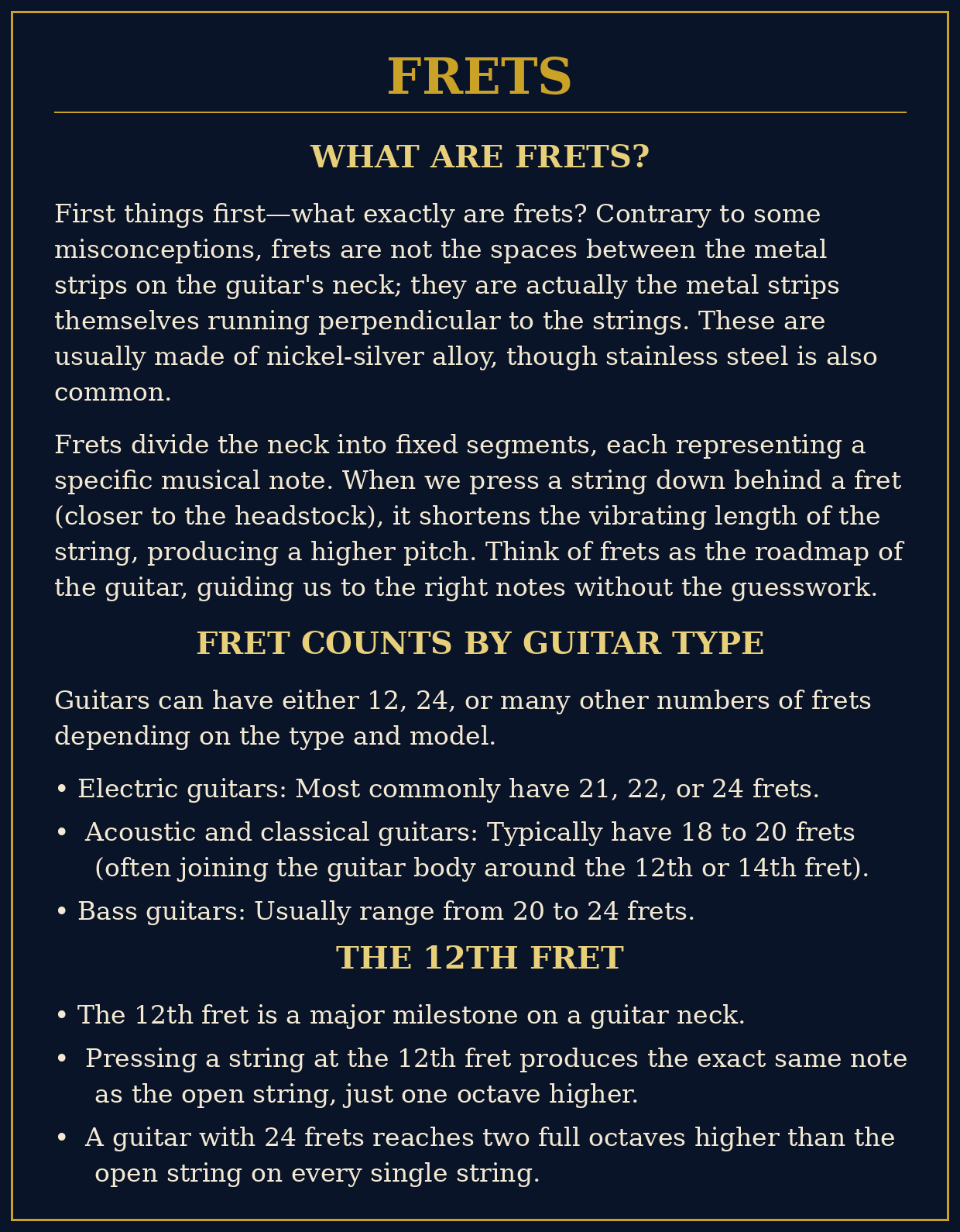 Frets — what frets are, fret counts by guitar type, and the 12th fret