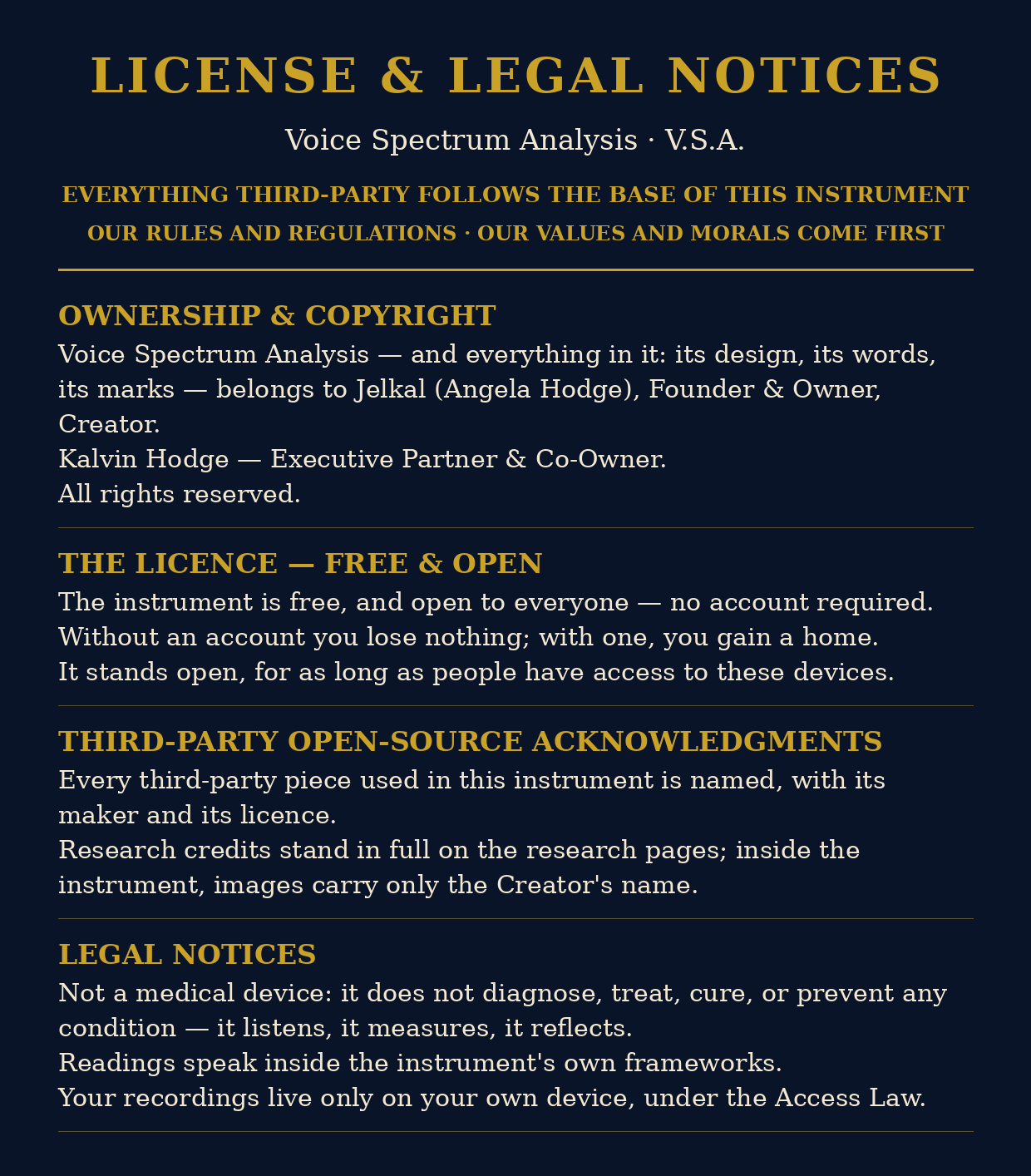 License and Legal Notices — Voice Spectrum Analysis: ownership and copyright, the free and open licence, third-party open-source acknowledgments, and legal notices. Everything third-party follows the base of this instrument.