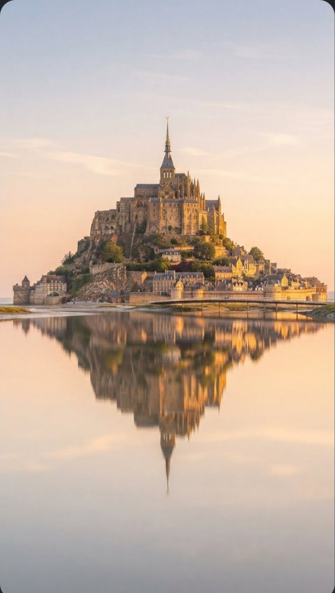 Mont Saint-Michel abbey in Normandy, France, at golden hour, reflected whole in the still water.