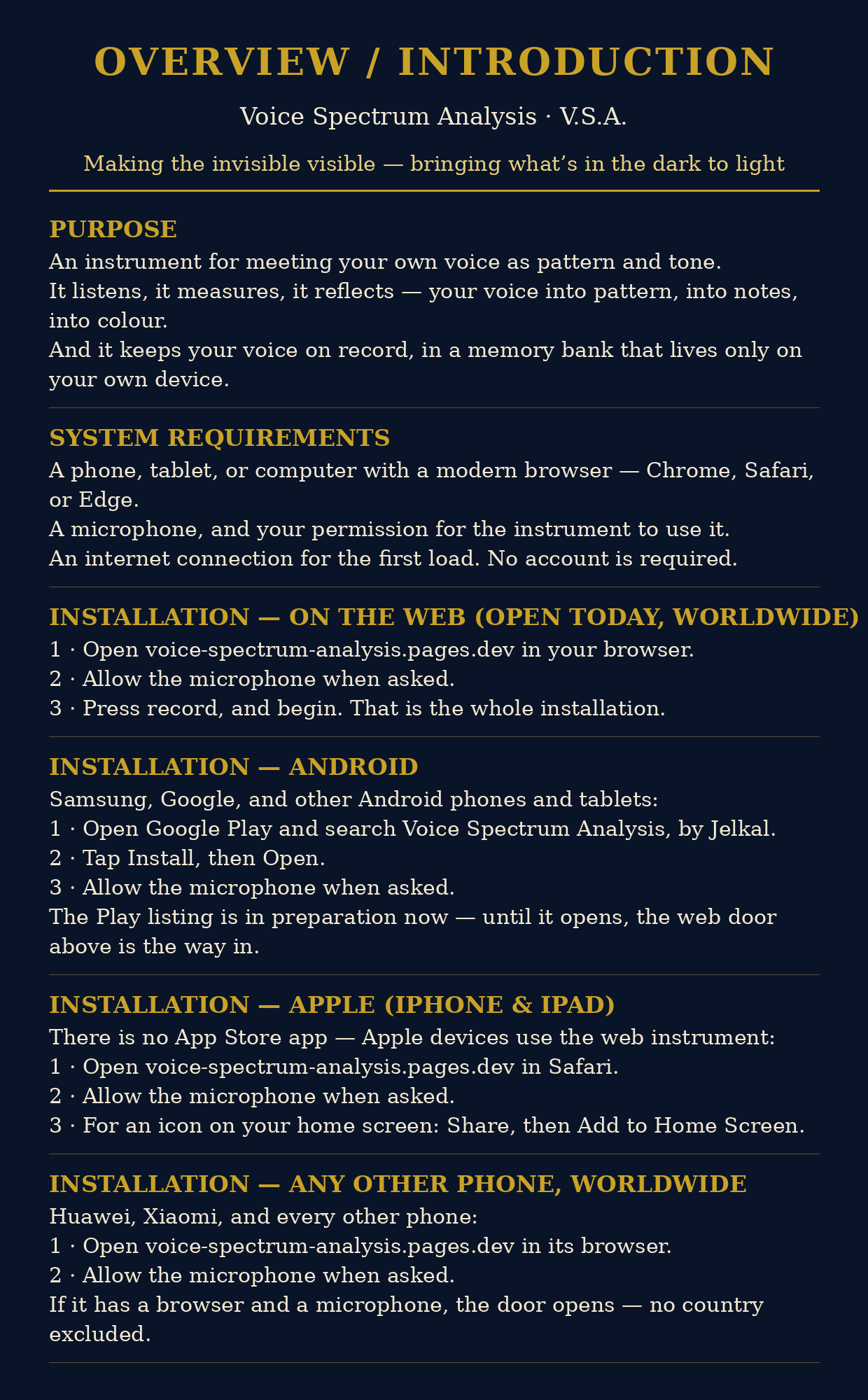 Overview and Introduction — Voice Spectrum Analysis: purpose, system requirements, and installation steps for the web, Android, Apple, and any other phone worldwide.