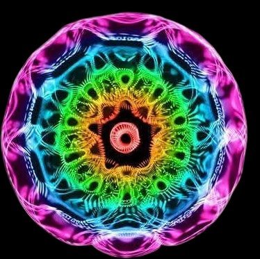 A cymatics figure in rainbow rings