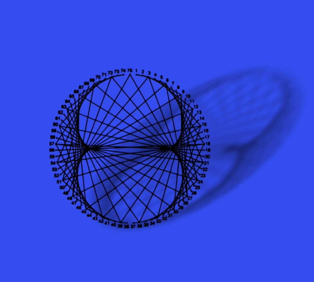 The times-table circle in black on blue, casting its shadow — artwork by Jelah.